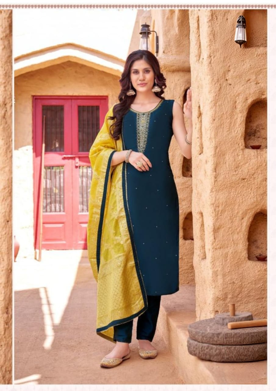 Shree Shanti Selection - Dark Blue and Mustard Straight Cut Suit